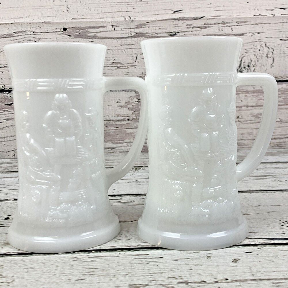 Federal Milk Glass Beer Steins: Tavern Scene, Moonglow Iridescent‎ - Set of 2